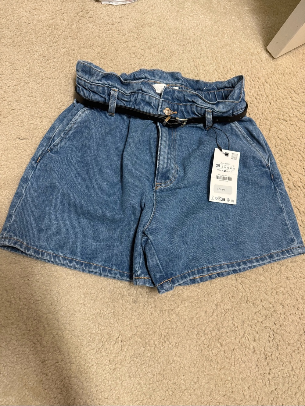 Zara High-Waist Blue Denim Paperbag Shorts with Belt